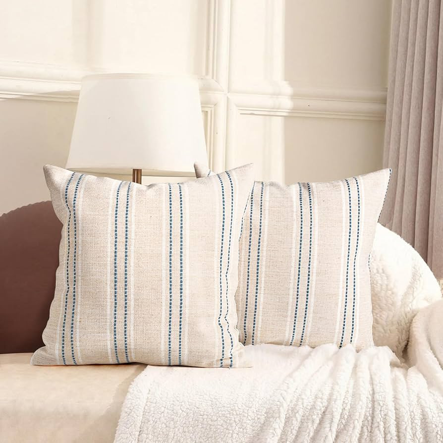 AELS 22x22 Decorative Farmhouse Linen Throw Pillow Covers, Boho Textured Pillow Case, Set of 2, B... | Amazon (US)