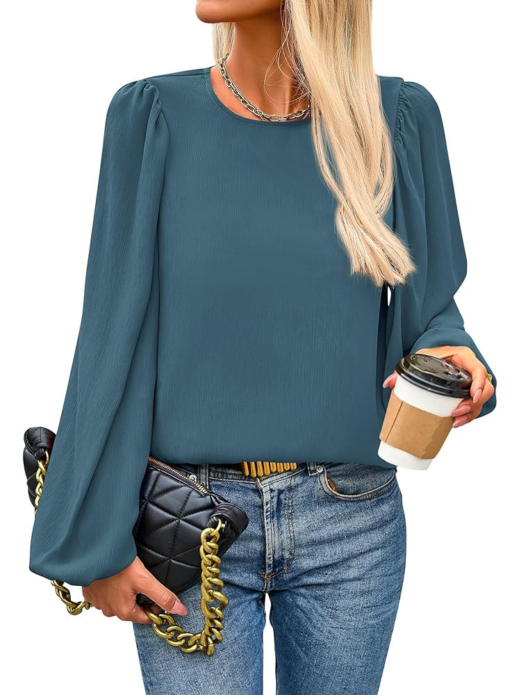 PRETTYGARDEN Womens Tops 2025 Spring Puff Long Sleeve Chiffon Work Blouses Dressy Casual Crewneck... | Amazon (US)