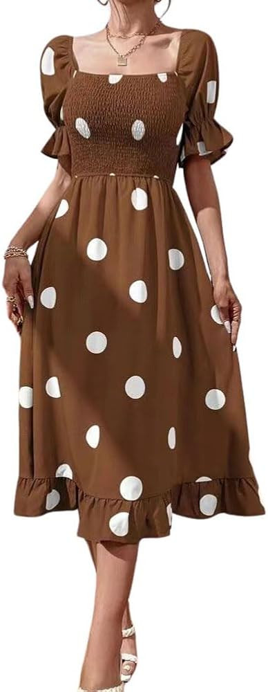 chouyatou Women's Vintage Polka Dot Puff Sleeve Smocked Dress Ruffle Hem A-Line Beach Party Midi ... | Amazon (US)