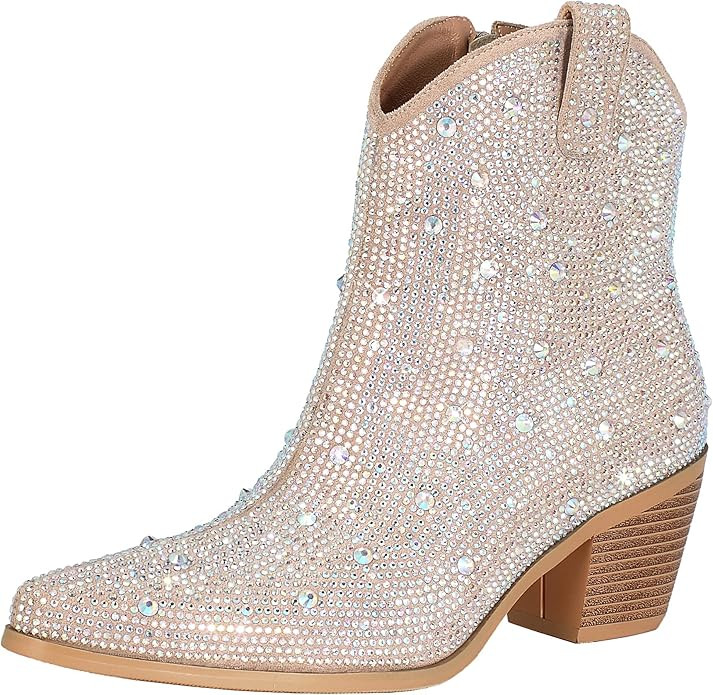 FIFSY Women Rhinestone Cowboy Boots Glitter Chunky Heel Sparkly Cowgirl Ankle Boots | Amazon (US)