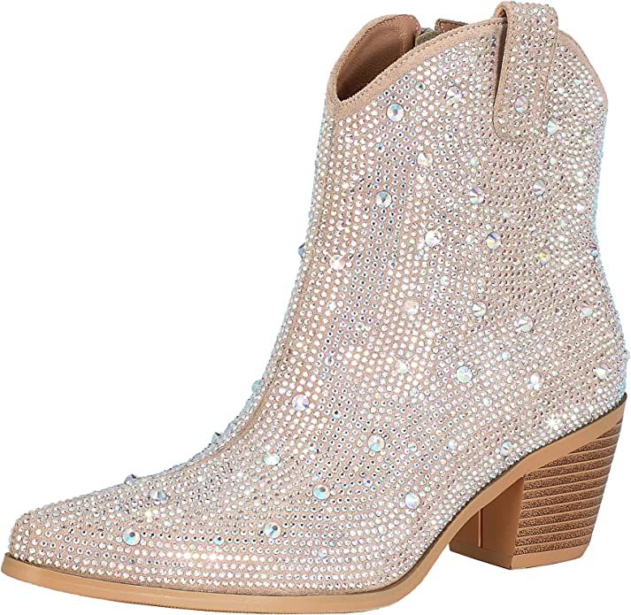 FIFSY Women Rhinestone Cowboy Boots Glitter Chunky Heel Sparkly Cowgirl Ankle Boots | Amazon (US)