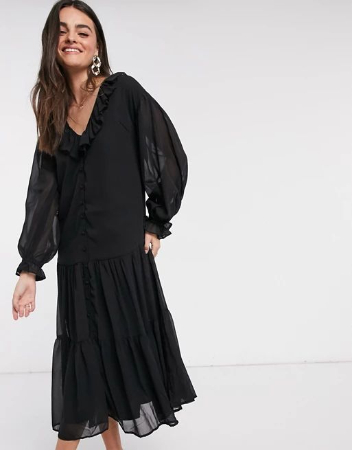 ASOS DESIGN button through ruffle front tiered maxi dress in black | ASOS (Global)