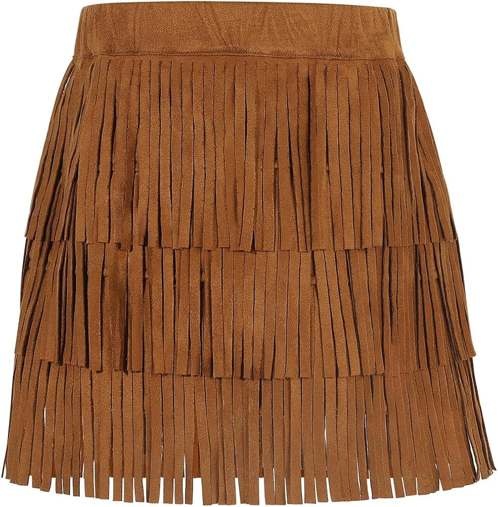 Noomelfish Girls and Women Suede Fringe Skirt Boho Tassel Layered Ruffle Skirt | Amazon (US)