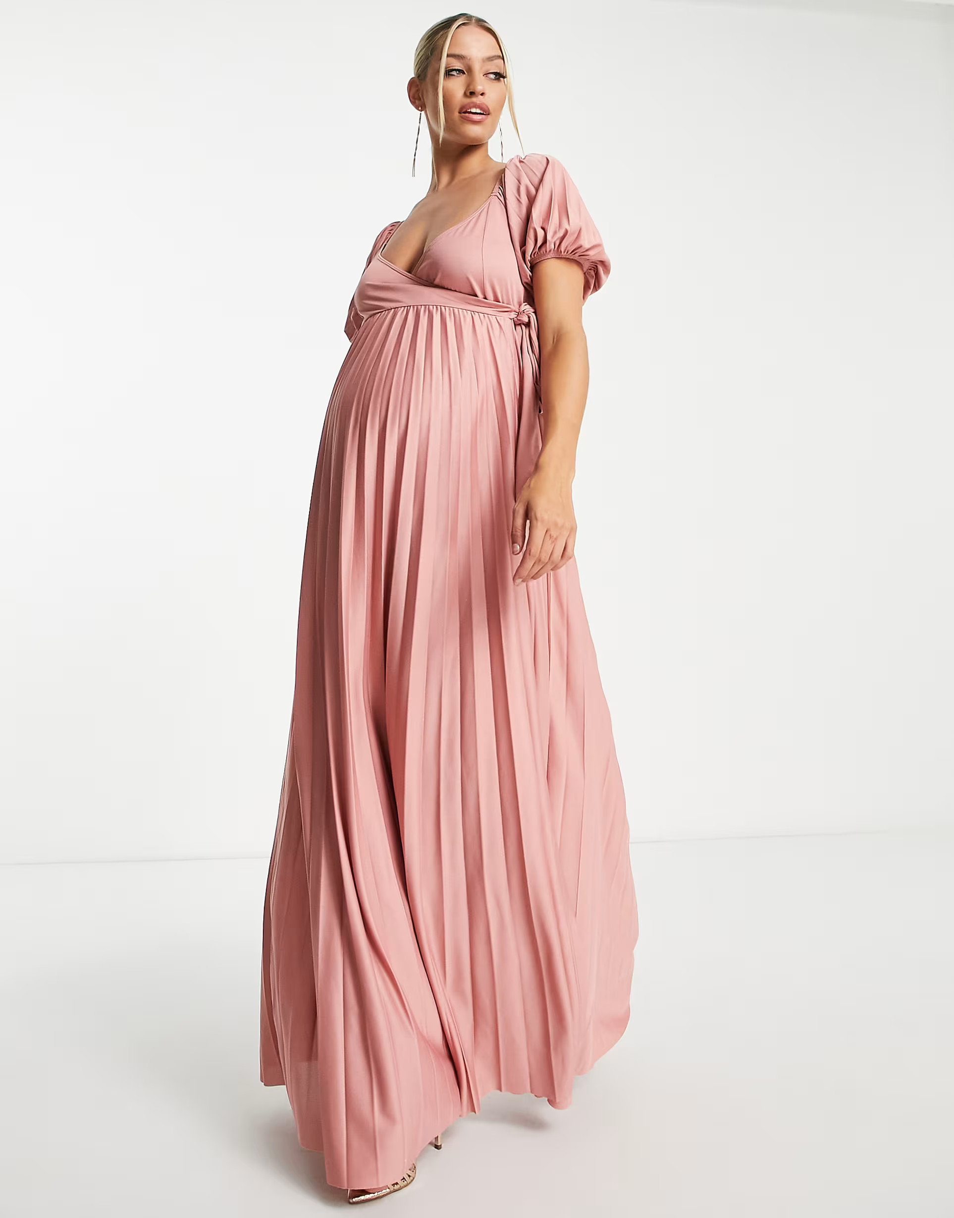 ASOS DESIGN Maternity puff sleeve wrap maxi dress in rose | ASOS (Global)