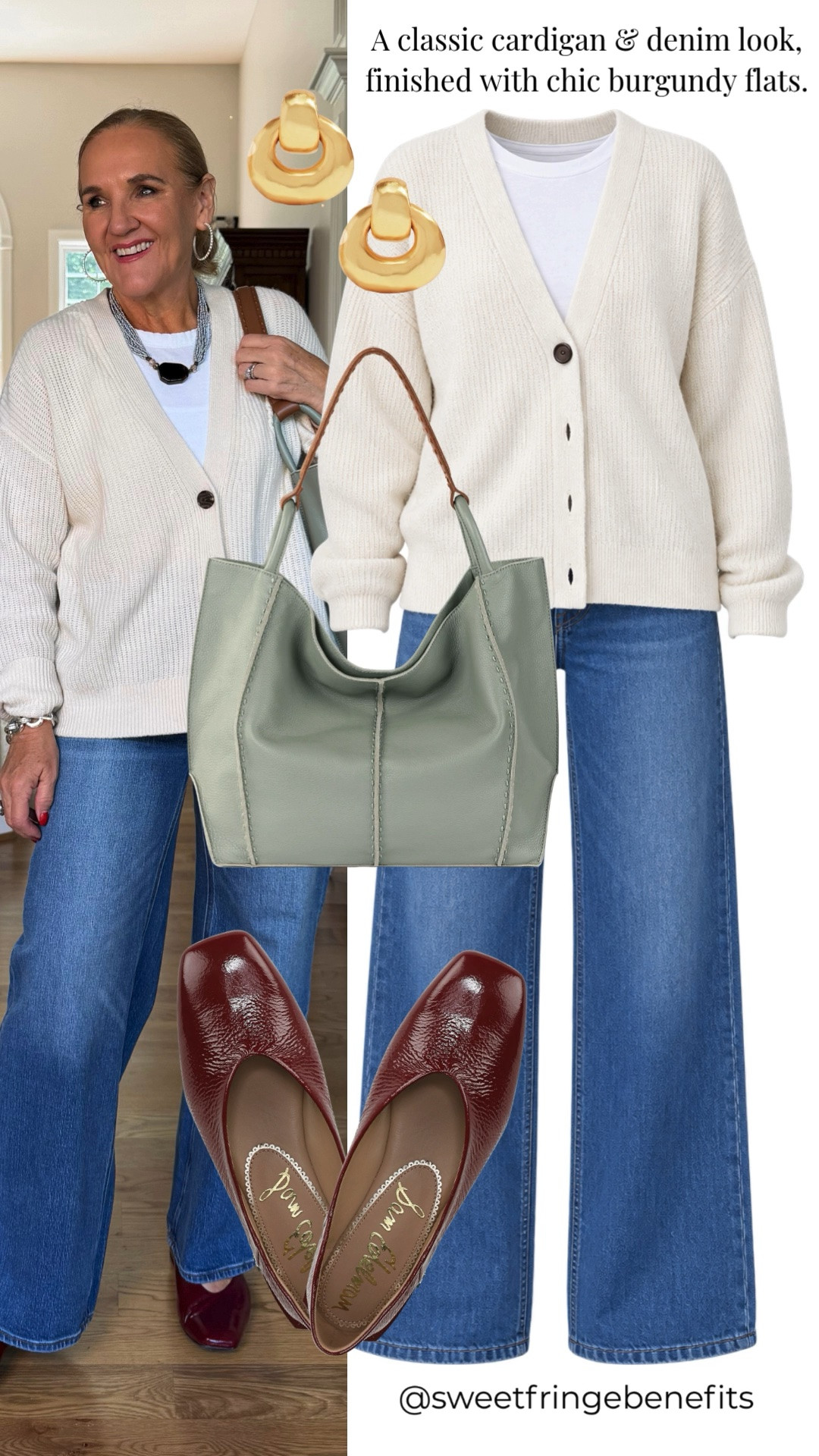 This cream cardigan and wide-leg denim are a classic combination that always works. Burgundy flats add a chic pop of color to this easy everyday look.

💡 LTK MADE EASY
❤️ Heart = Support my posts!
🔖 Save = Get sale & restock alerts
📋 Lists = Keep favorites organized
📲 Share = Send lists and products to a friend. Hello, Christmas List!
💬 Comment = Ask me anything about what I'm wearing.:-)

#LTKootd #LTKSeasonal #LTKOver40
