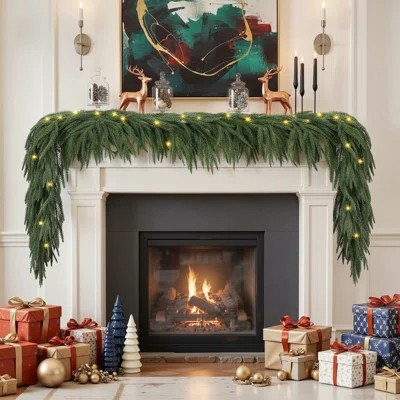 9FT Real Touch Artificial Norfolk Pine Christmas Garland With Lights & Color Options For Fireplace, Mantel, Table - Perfect For Indoor/Outdoor Festive | Wayfair North America