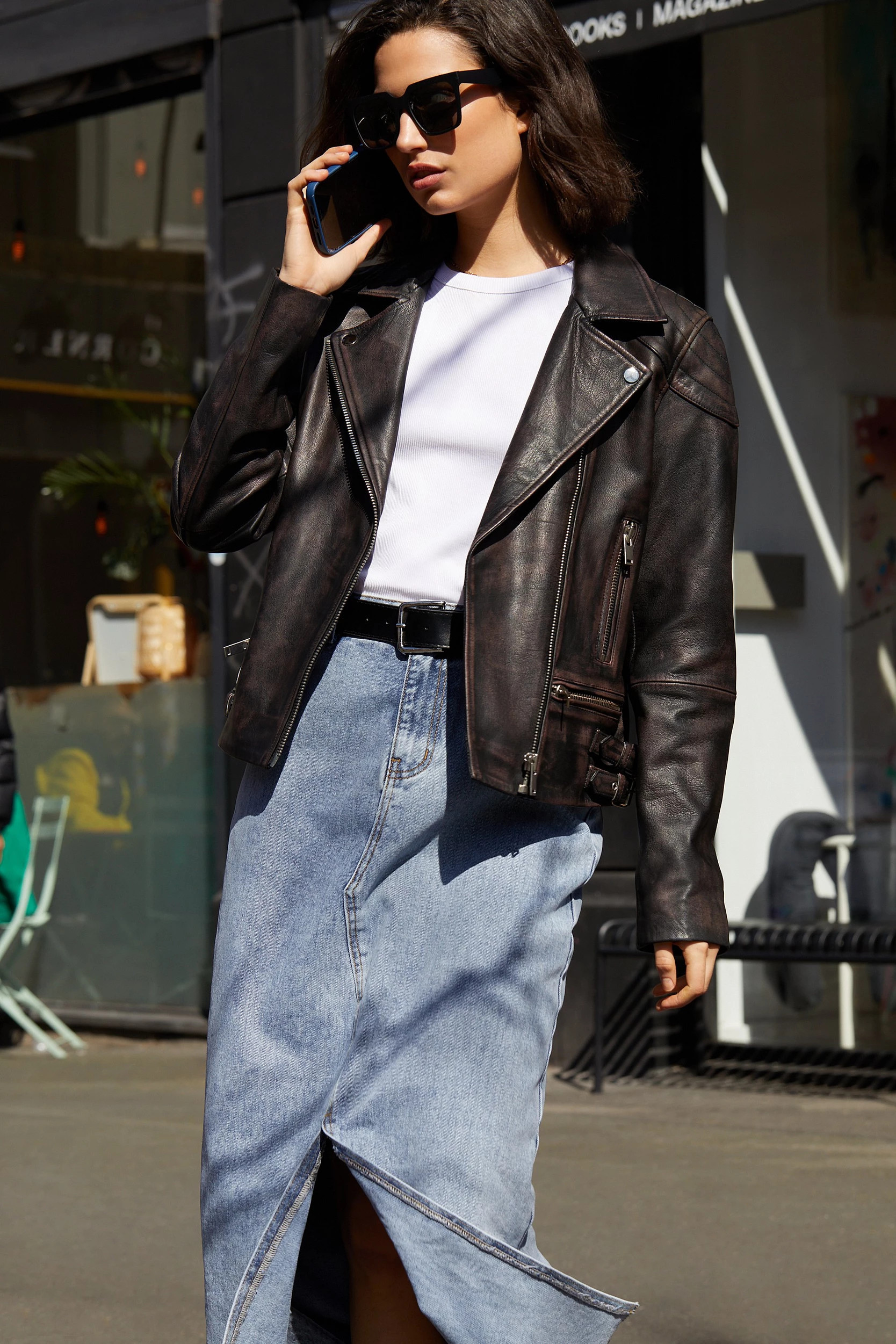 Real Leather Washed Biker Jacket | Warehouse UK & IE
