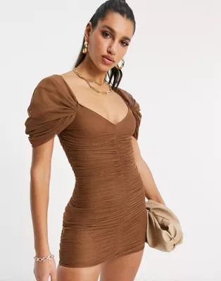 ASOS DESIGN sweetheart neck line mesh ruched mini dress in chocolate | ASOS (Global)