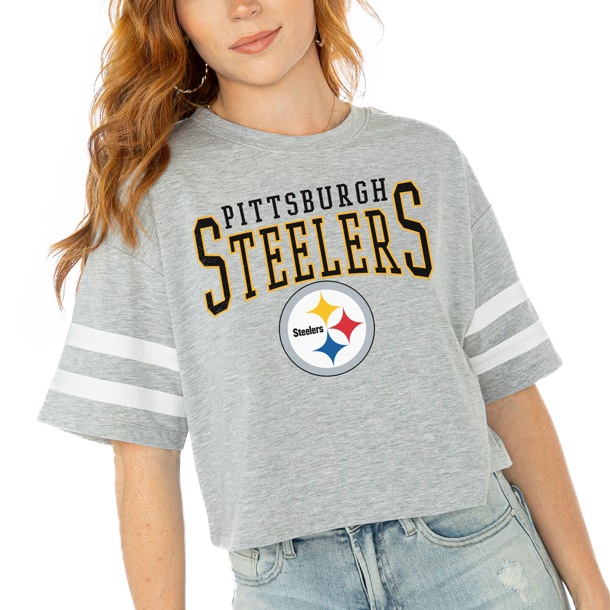 Women's Pittsburgh Steelers  Gameday Couture Gray Gridiron Glam Cropped T-Shirt | NFL Shop