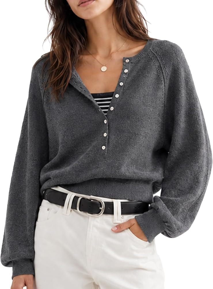 Womens Henley Wool Crop Sweater Button Long Sleeve Lightweight Pullover | Amazon (US)