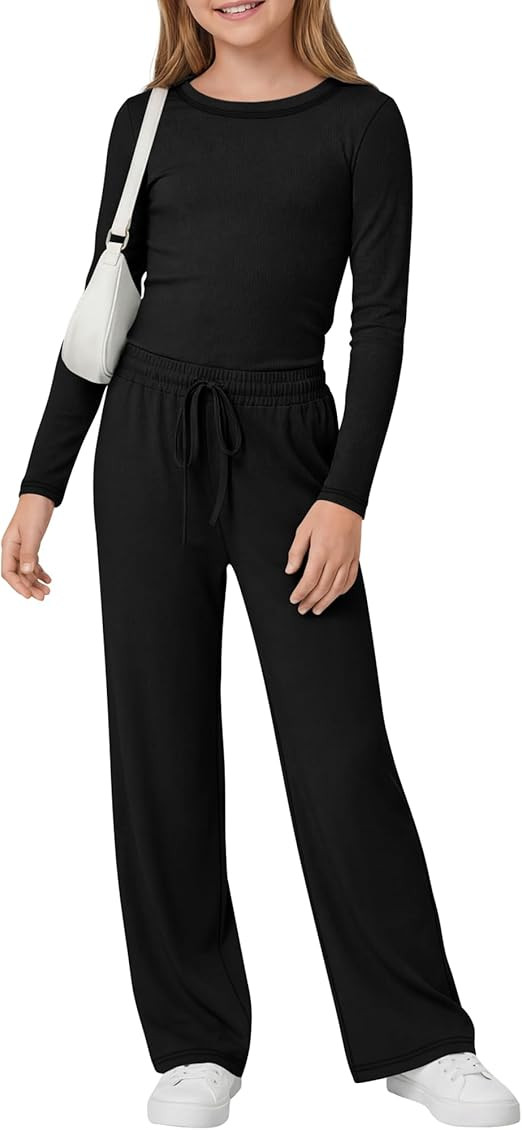 Girls 2 Piece Casual Sets Long Sleeve Crew Neck Top Straight Pants Lounge Outfits Drawstring Kids... | Amazon (US)