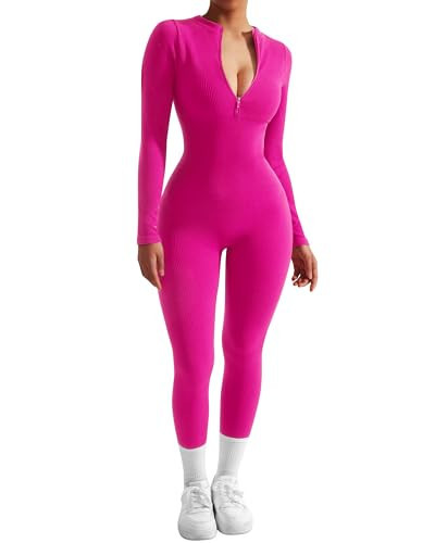 SUUKSESS Women Long Sleeve Ribbed Jumpsuit Sexy Zip up Front Workout One Piece Bodycon Jumpsuit Romper (Hot Pink, M) | Amazon (US)