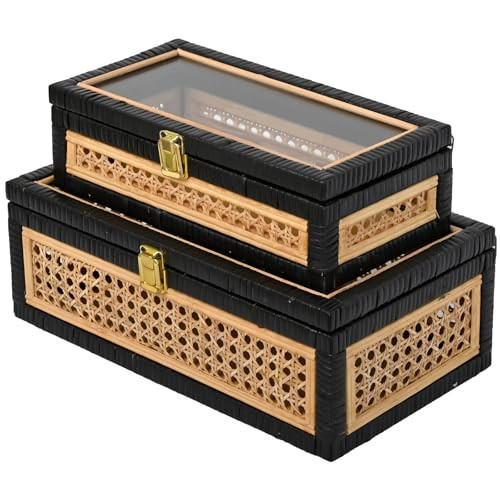 Black Rattan Decorative Storage Boxes with Glass Lids – Set of 2 Ribbed Wood Display Cases with Cane Weave & Solid Base – Nesting Coffee Table Organizer for Boho Chic Home Decor, Keepsakes | Amazon (US)