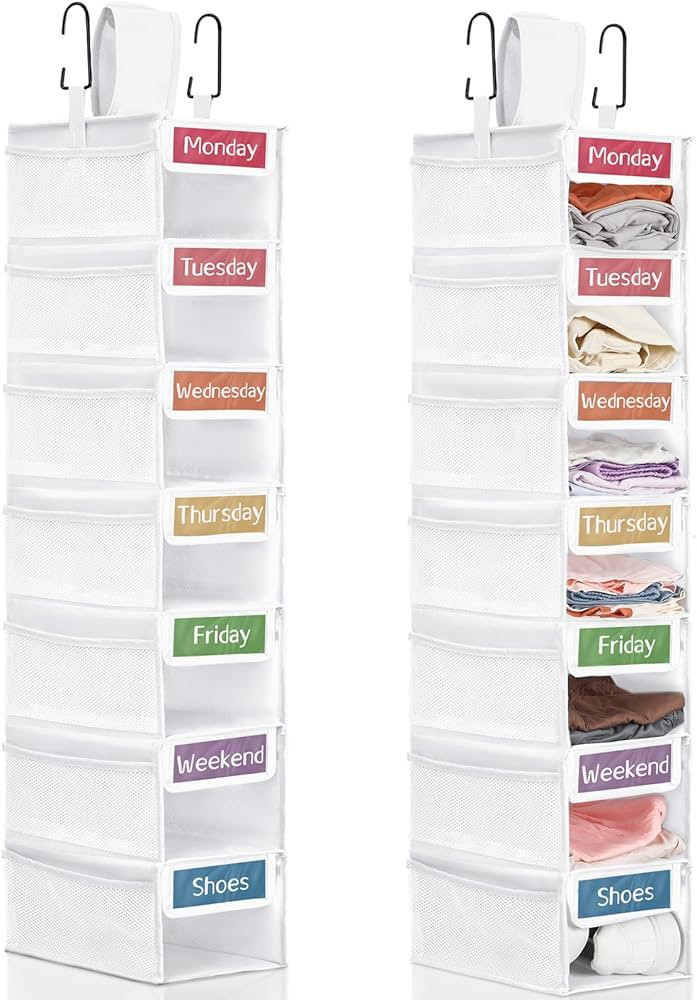 2 Pack 7 Shelf Weekly Clothes Organizer Hanging Closet for Kids with Side Pockets Weekday Shoes R... | Amazon (US)