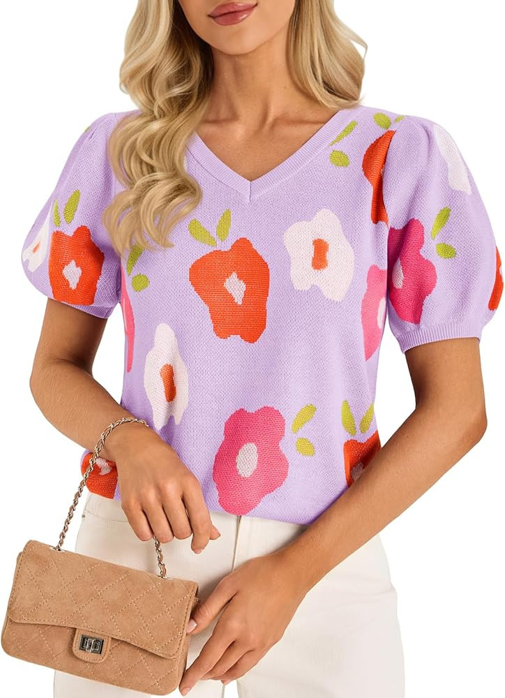 Cicy Bell Womens Puff Short Sleeve Sweater Tops 2026 Spring Summer Floral Pullover V Neck Casual ... | Amazon (US)