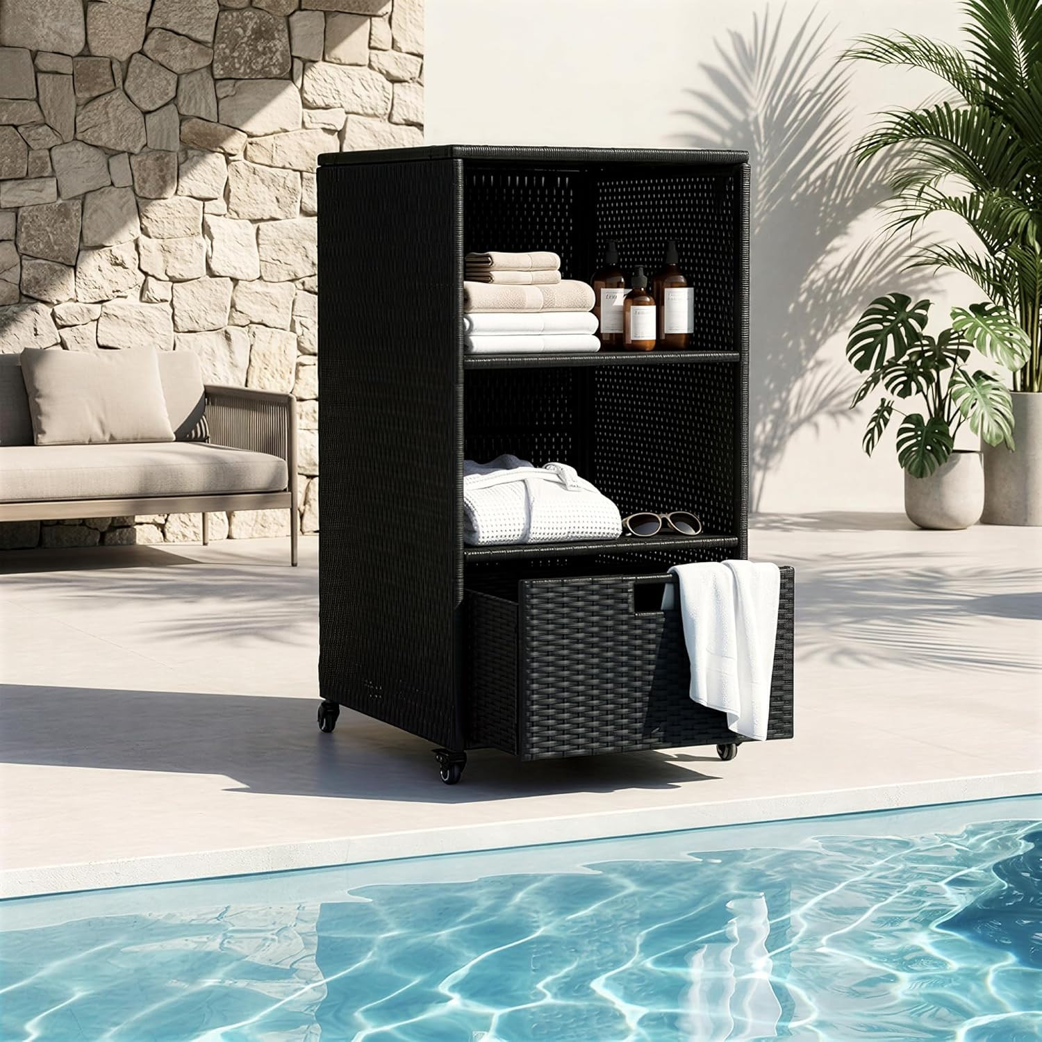 Poolside Towel Storage Cabinet with Wheels, Indoor & Outdoor PE Rattan Wicker Organizer, Waterpro... | Amazon (US)