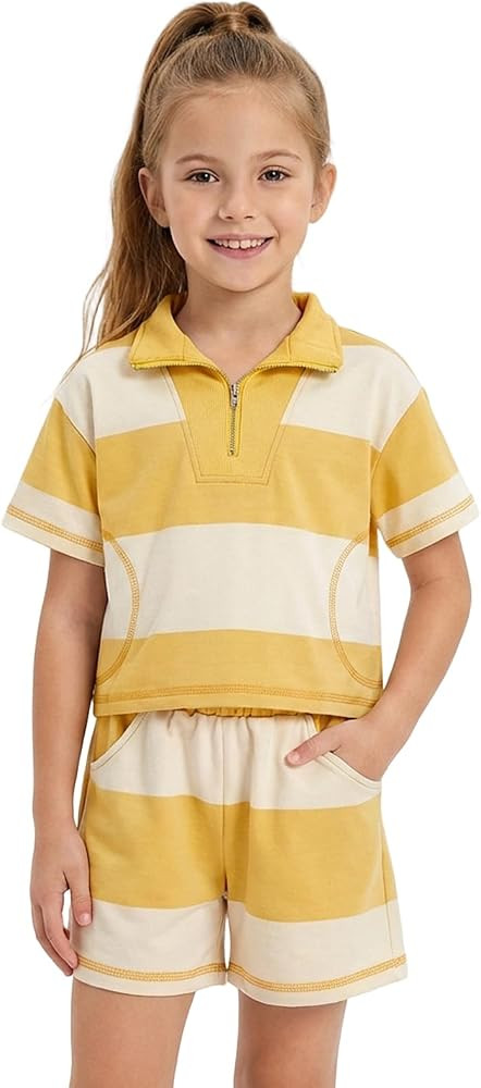 GRNSHTS Girls 2 Piece Summer Outfit - Trendy Half Zip Collared Striped Shirt & Shorts Set for Cas... | Amazon (US)