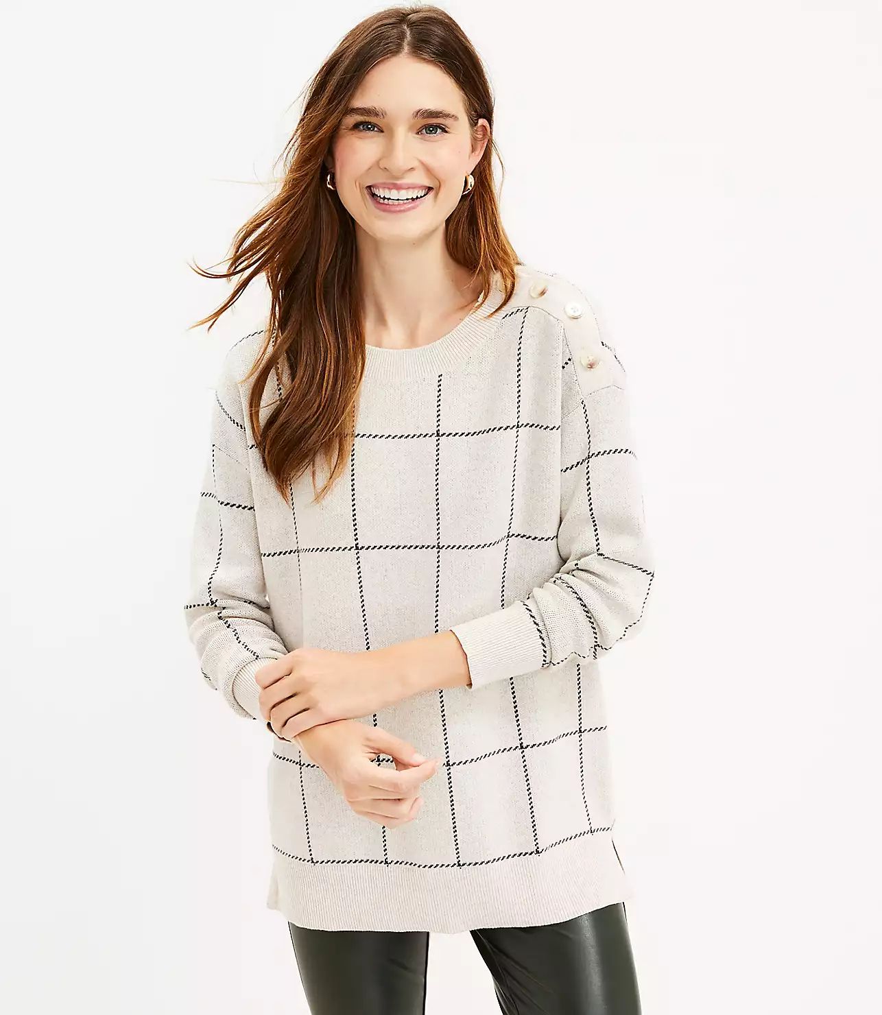 Windowpane Shoulder Button Tunic Sweater | LOFT
