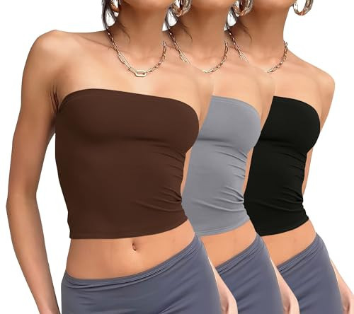 WIHOLL 3 Pack Tank Top for Women Slim Fit Casual Tube Tops Basic Strapless Going Out Crop Tops Summer Outfits 2025 Black,Grey,Coffee S | Amazon (US)