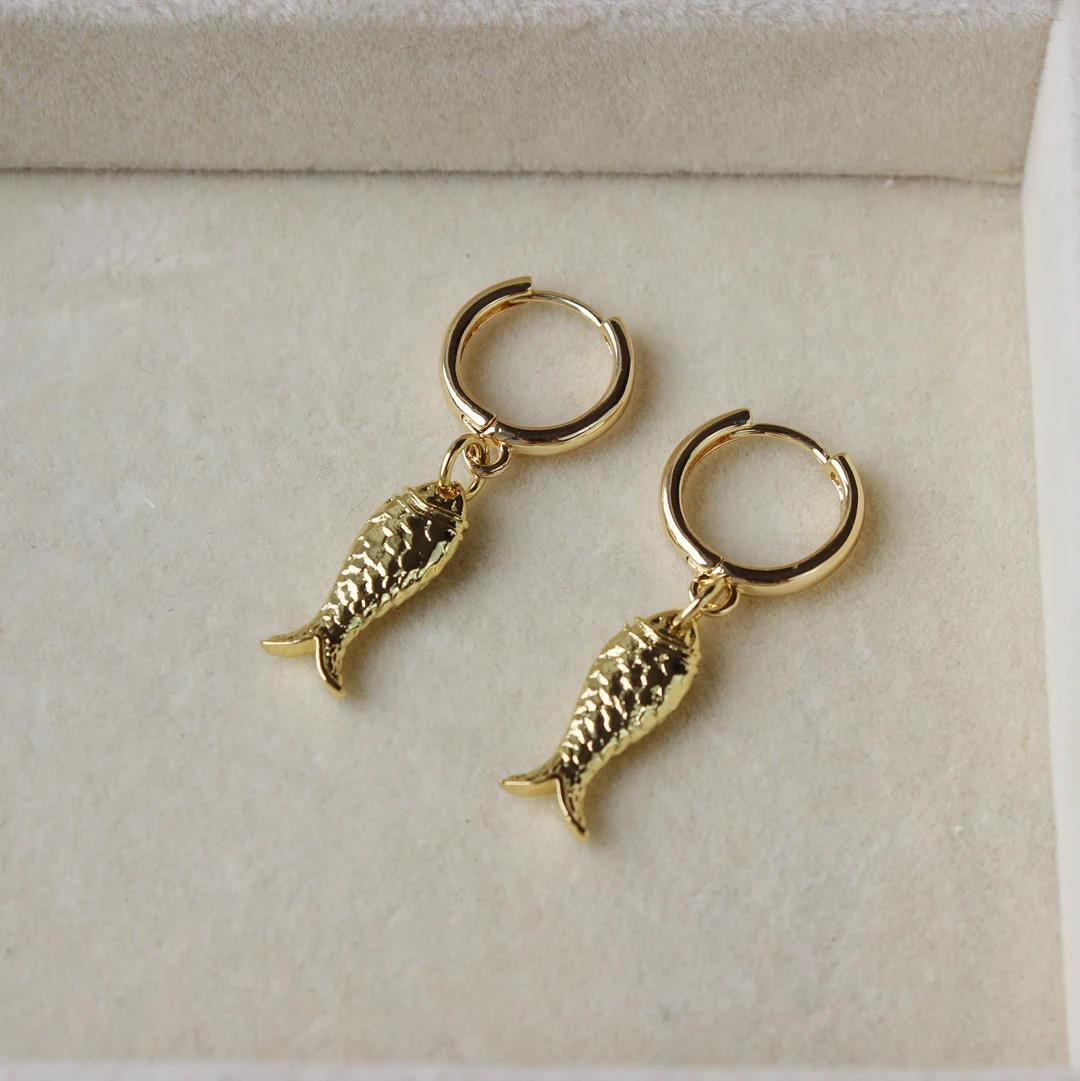 Fish Earrings Sardine Fish Earrings Gold Fish Earrings Sardines Fish Charm Hoop Earrings Brass Ch... | Etsy (US)