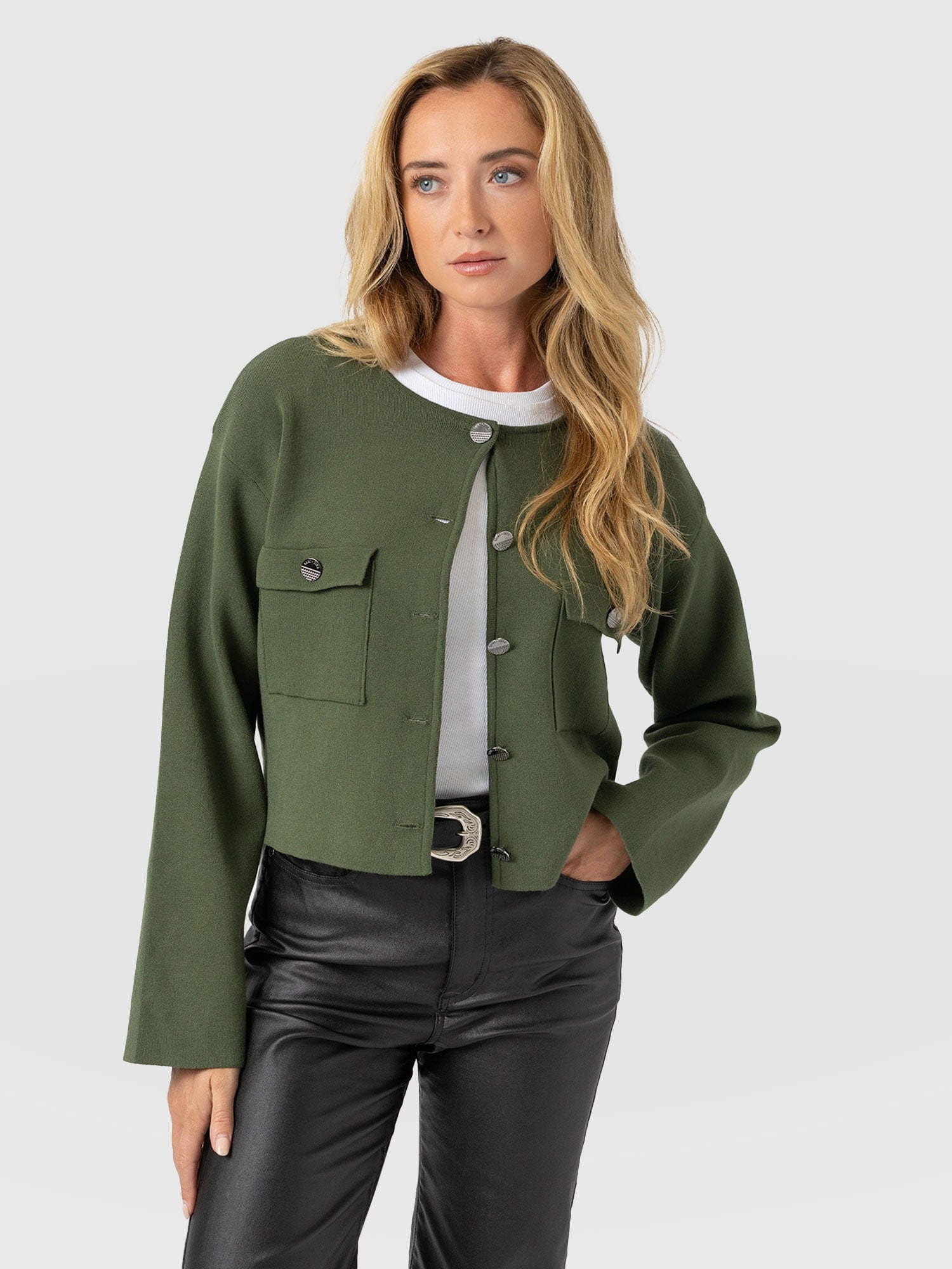 Maeva Knit Jacket - Khaki | Saint + Sofia