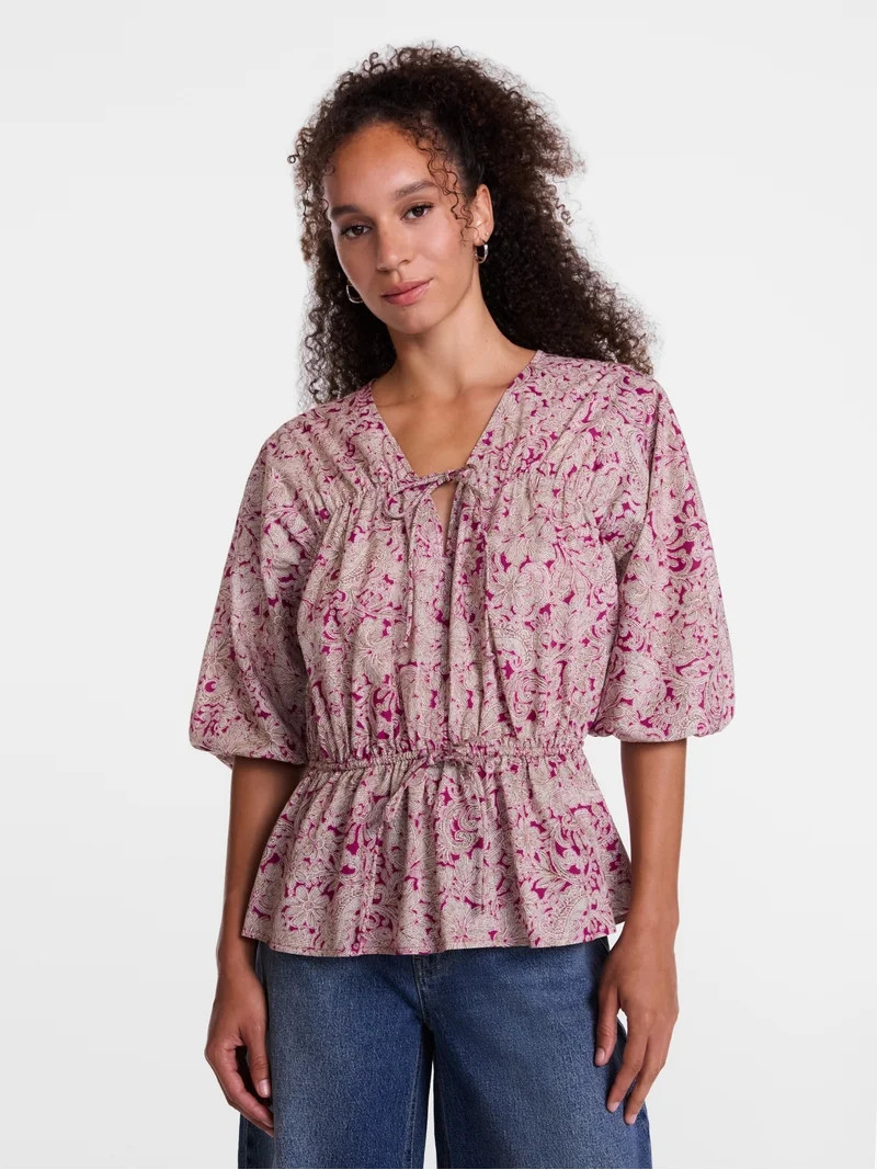 Scenario Women's Front Tie Peplum Top with 3/4-Length Sleeves, Size XS-XXXL | Walmart (US)