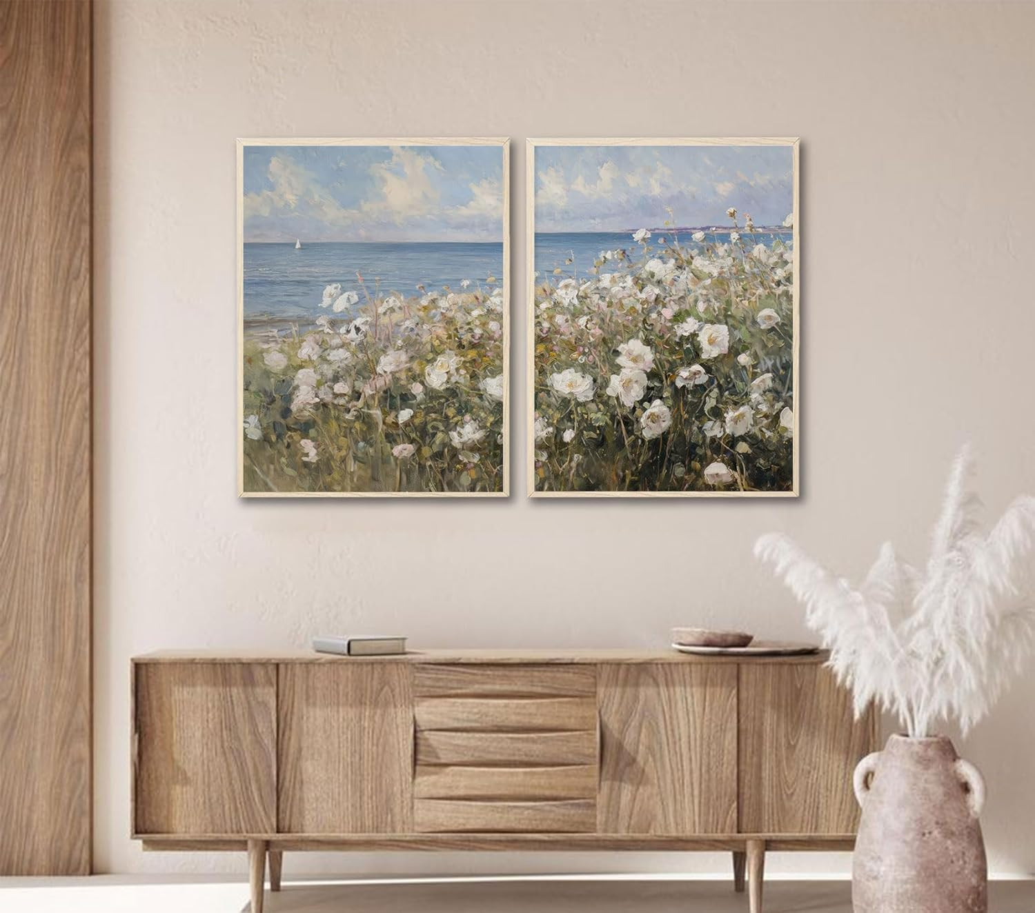 2Pcs Framed Landscape Wall Art Coastal Floral Canvas Beach Scenery Poster Painting For Living Roo... | Amazon (US)