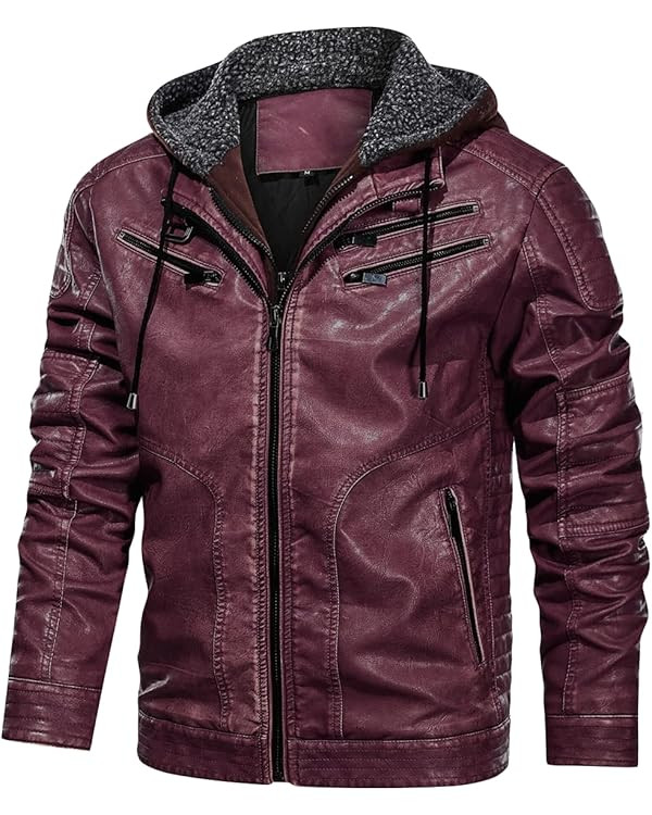 CARWORNIC Men's Faux Leather Jacket Casual Brown Motorcycle Jacket with Removable Hood | Amazon (US)