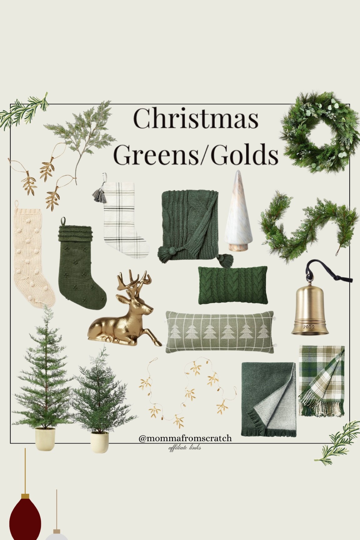 Christmas decor, Christmas greens, garland, wreath. Studio McGee threshold, target Christmas target, target, stockings, Christmas trees, gold reindeer, cedar branches, gold bells. Green pillows, Christmas pillow, throw blanket, knit blanket 

#LTKHoliday #LTKhome #LTKstyletip