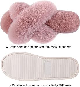 Women's Cross Band Slippers Soft Plush Furry Cozy Open Toe House Shoes Indoor Outdoor Faux Rabbit... | Amazon (US)