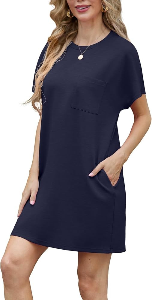 GRECERELLE Women's 2025 Casual Summer Shirt Dress Loose Round Neck Mini Wrinkle-Free Sundress wit... | Amazon (US)