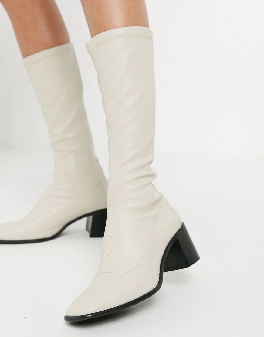 E8 by Miista Alisa high rise leather heeled stretch boots in white-Beige | ASOS (Global)