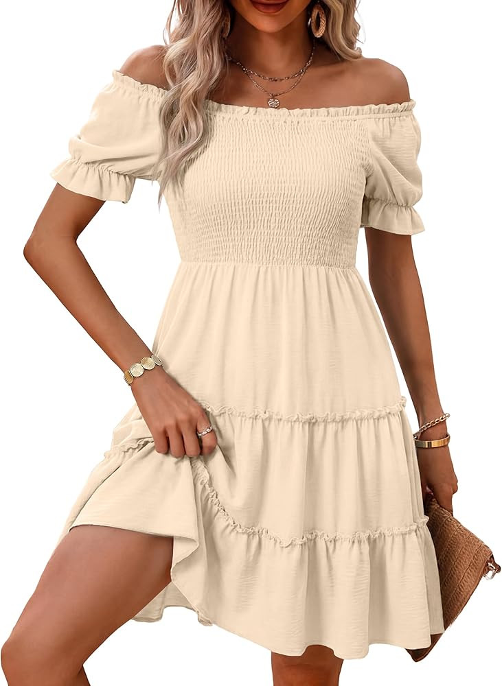 Women's Summer Off Shoulder Dress Square Neck Puff Sleeve Smocked Dresses Ruffle Hem Flowy Casual... | Amazon (US)