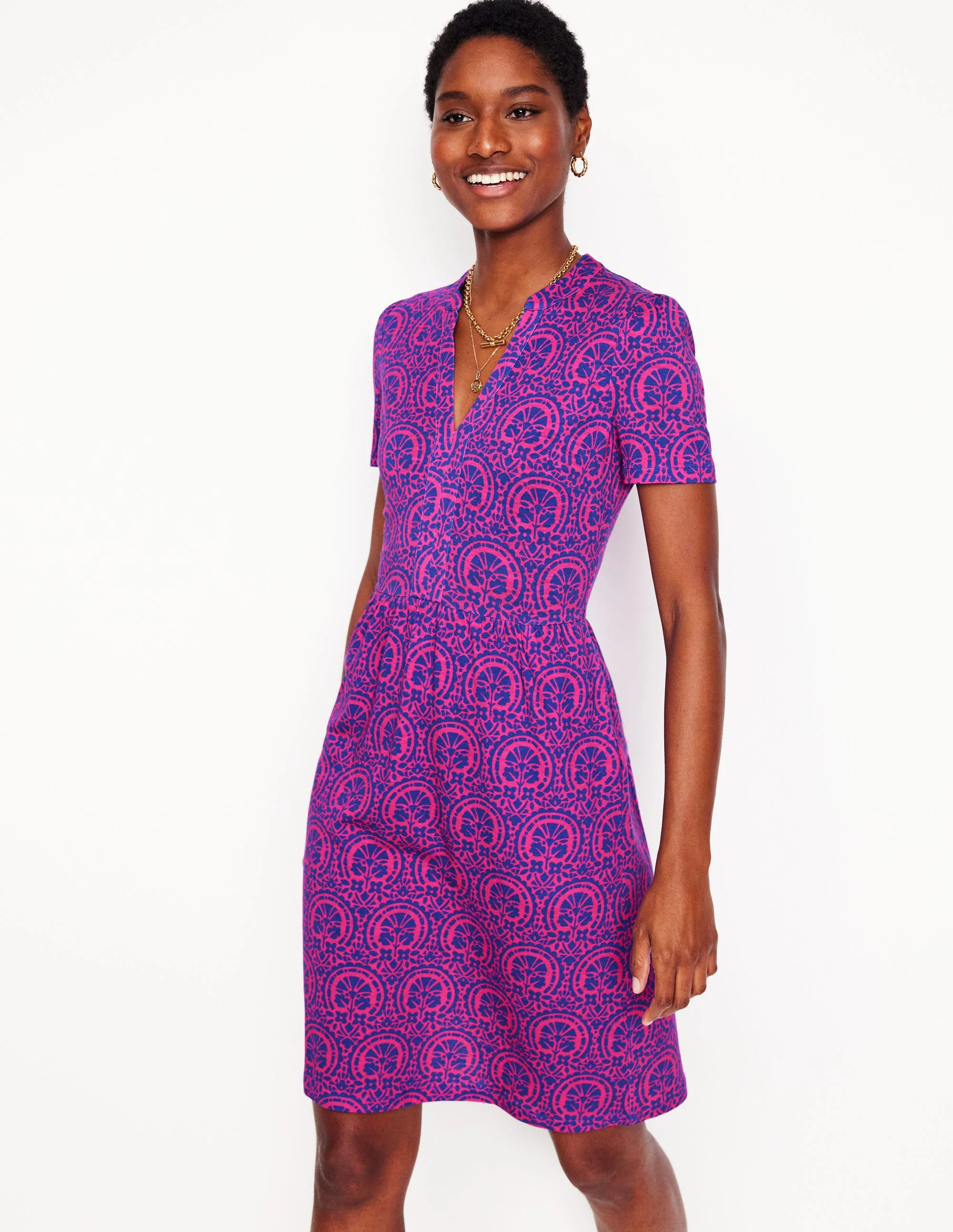 Naomi Short Sleeve Dress-Pink Peony Elaborate Stamp | Boden (US)