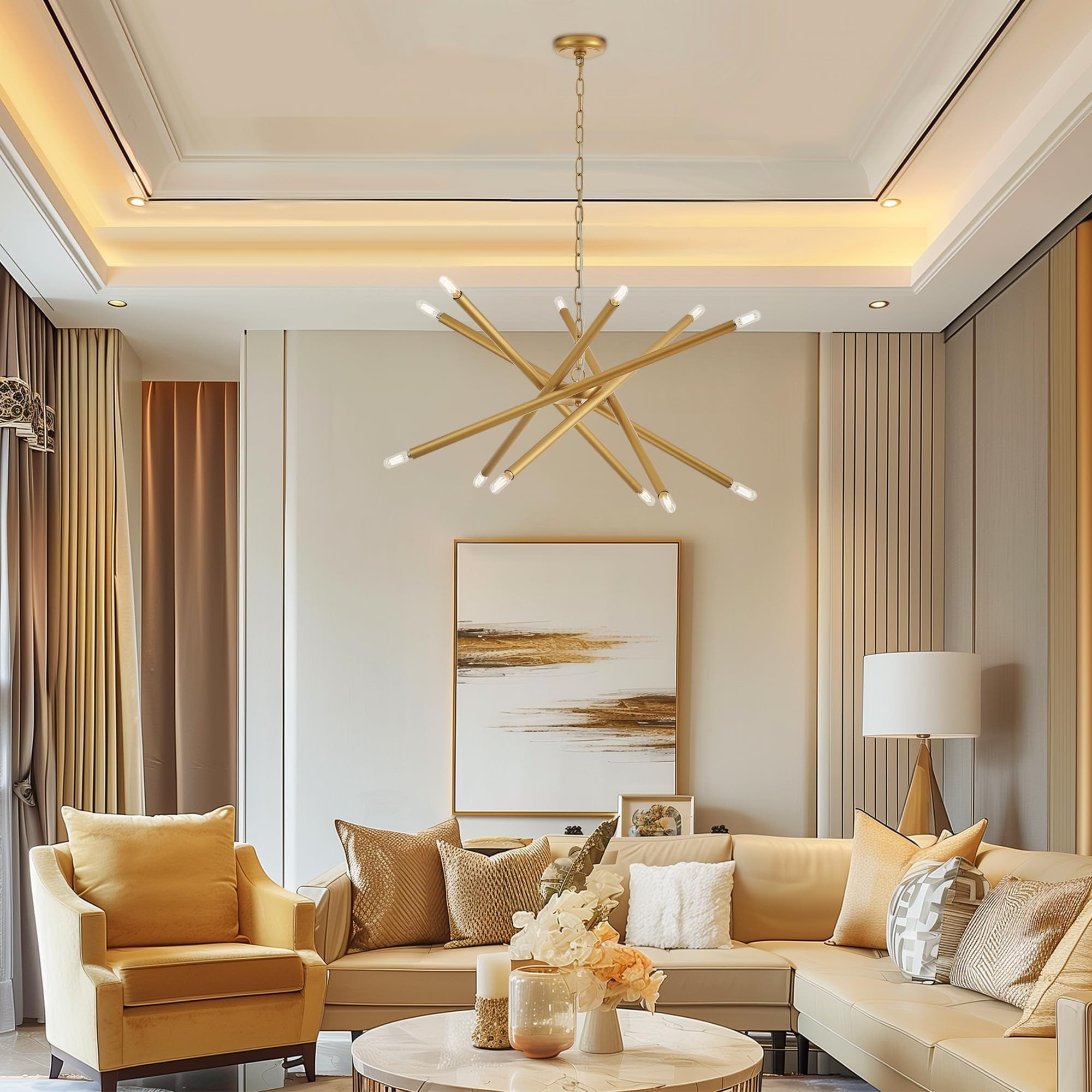 Gold Modern Sputnik Chandelier 30" Large Linear Pendant Light 12 Lights Mid Century Hanging Ceiling Chandeliers for Bedroom Dining Room Foyer | Amazon (US)