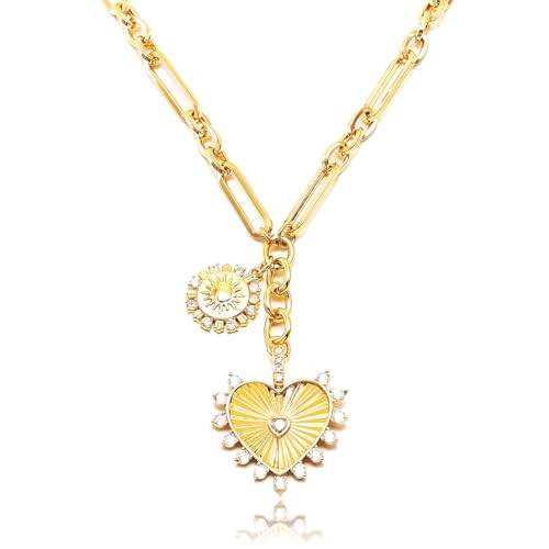 ORIGENCE Sun Heart Necklace for Women Chunky Gold Charm Necklace 18K Gold Plated Heart Pendant Necklace Chunky Paperclip Chain Chunky Heart Choker Necklace for Women Zircon Necklace Trendy Jewelry | Amazon (US)