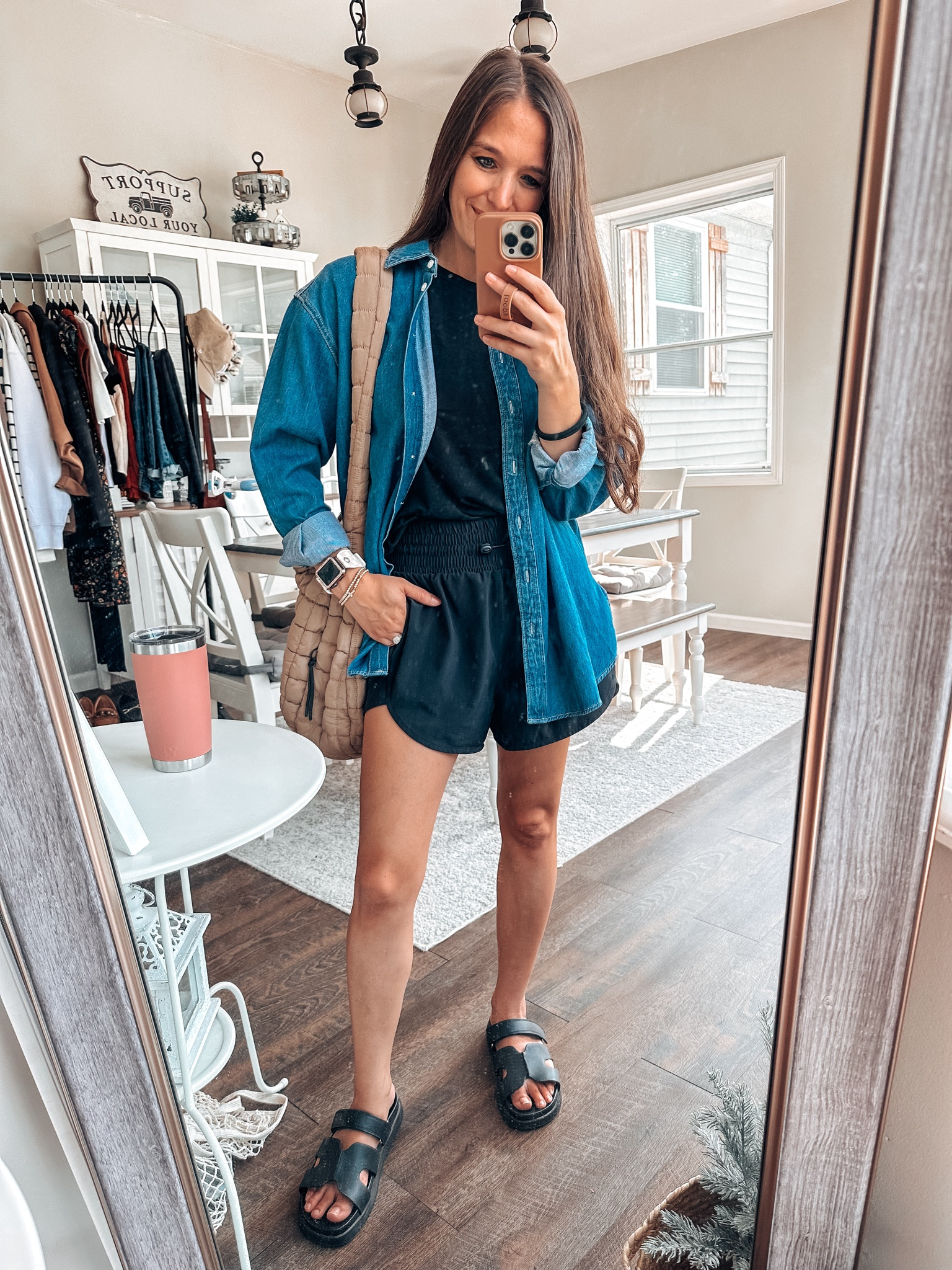 Vacation outfit! Comfy casual. 
Denim top XS 
Black tee XS 
Shorts XS 
Sandals tts 

#LTKFindsUnder50 #LTKTravel #LTKStyleTip