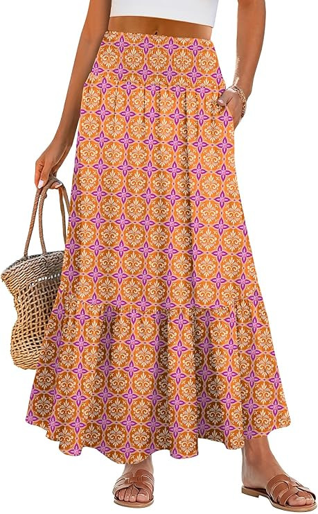 ANRABESS Women Boho Floral Maxi Skirts, High Waisted Tiered Skirt, Flowy Beach Skirts with Pocket... | Amazon (US)
