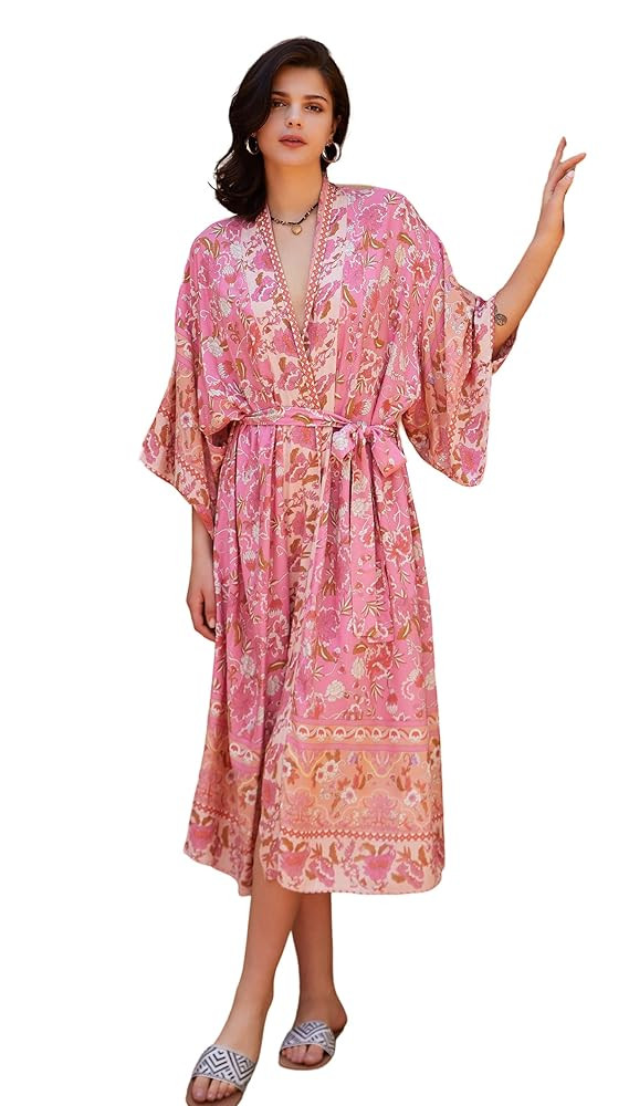 R.Vivimos Women's Vintage Floral Print Beach Boho Cardigan Kimono Maxi Swimwear Cover up Dress Wr... | Amazon (US)