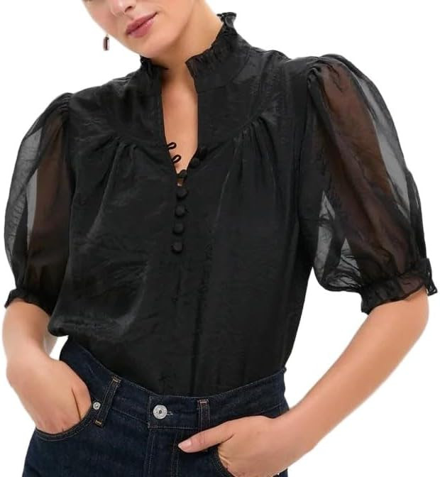 VAOYIU Selena Tshirts for Women Ruffle Collar Puff Sleeve Button Front Blouse Pure Color Elegant ... | Amazon (US)