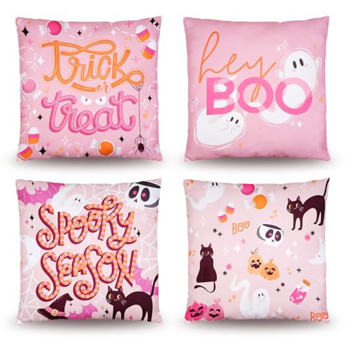 Honeyplum Pink Halloween Decor - Set of 4 Pink Halloween Pillow Covers 18 x 18 - Halloween Pillows for Couch, Cute Halloween Decor | Amazon (US)