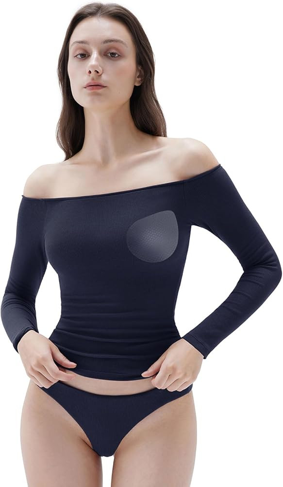 SUUKSESS Women Padded Off The Shoulder Tops Ribbed Long Sleeve Shirts Fall Basic | Amazon (US)