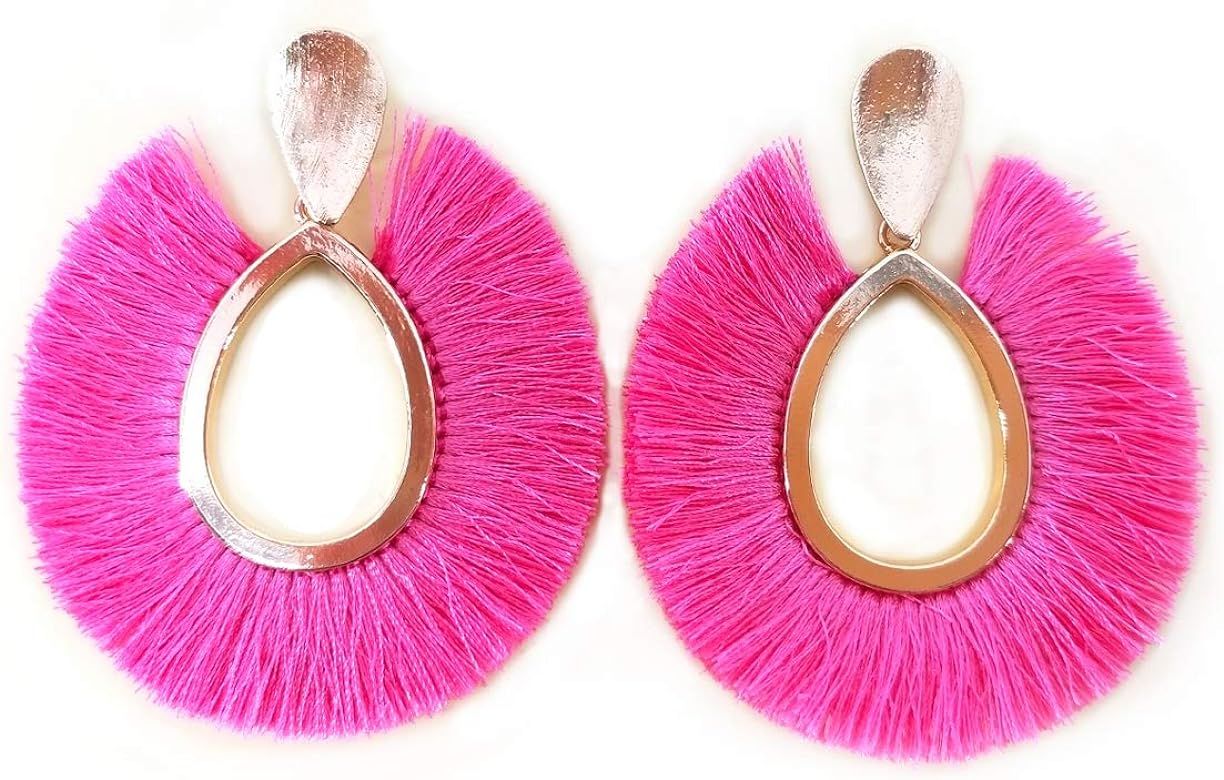 Long Layered Tassel Earrings, Boho Fan Tassel Earrings, Hoop Earrings for Women | Amazon (US)