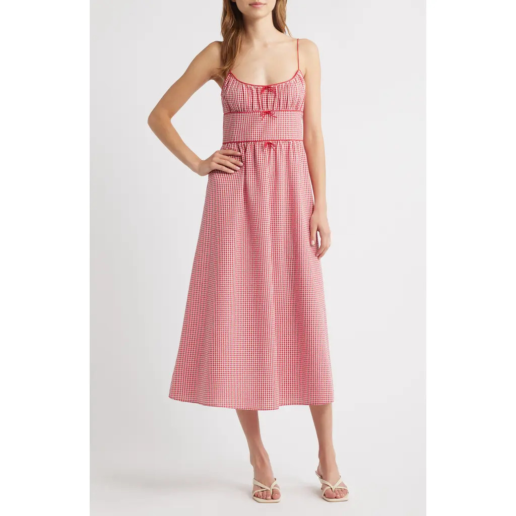 DÔEN Belline Check Midi Dress in Rouge La Maddalena Gingham at Nordstrom, Size Large | Nordstrom