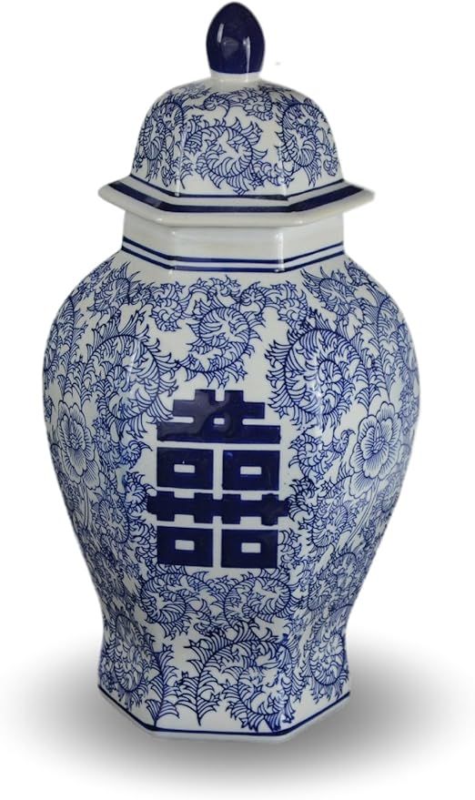 14" Classic Blue and White Porcelain Floral Temple Ginger Jar Vase, China Ming Style, Jingdezhen,... | Amazon (US)