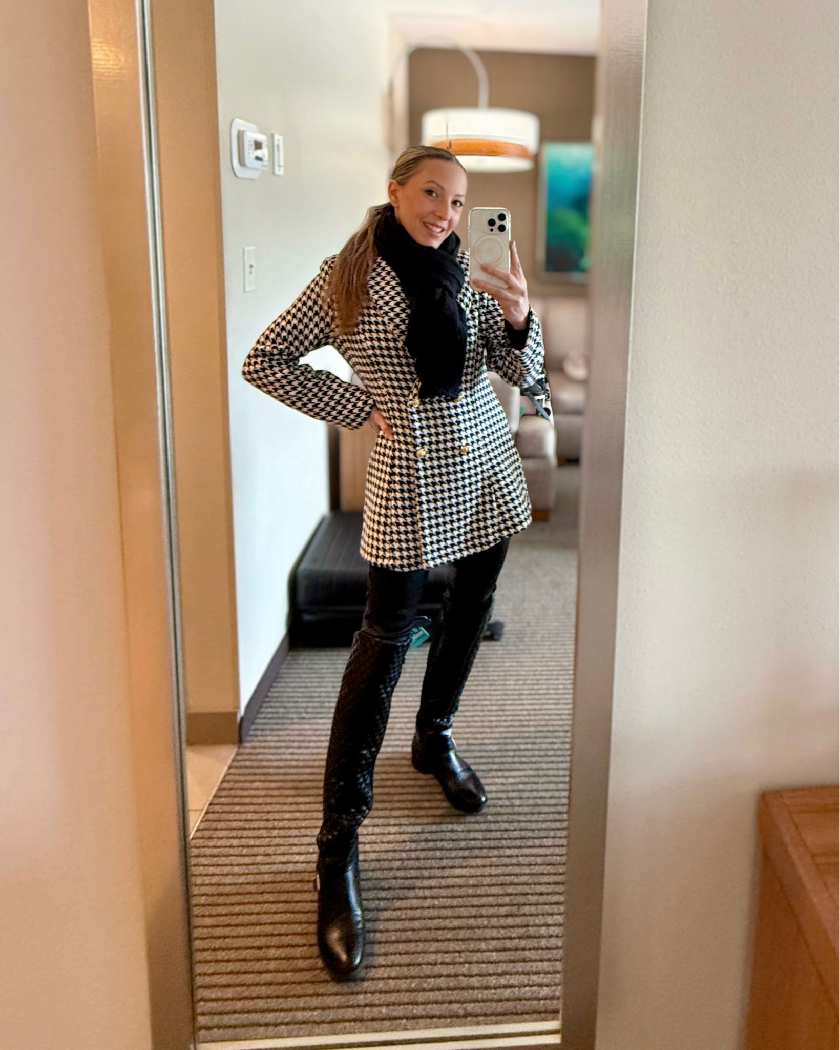 Fall outfit / Winter outfit check 🍂 Black and white Houndstooth jacket, black jeans, flat black knee high boots, long sleeve black bodysuit & black scarf for an easy layering outfit.

#LTKSeasonal #LTKStyleTip