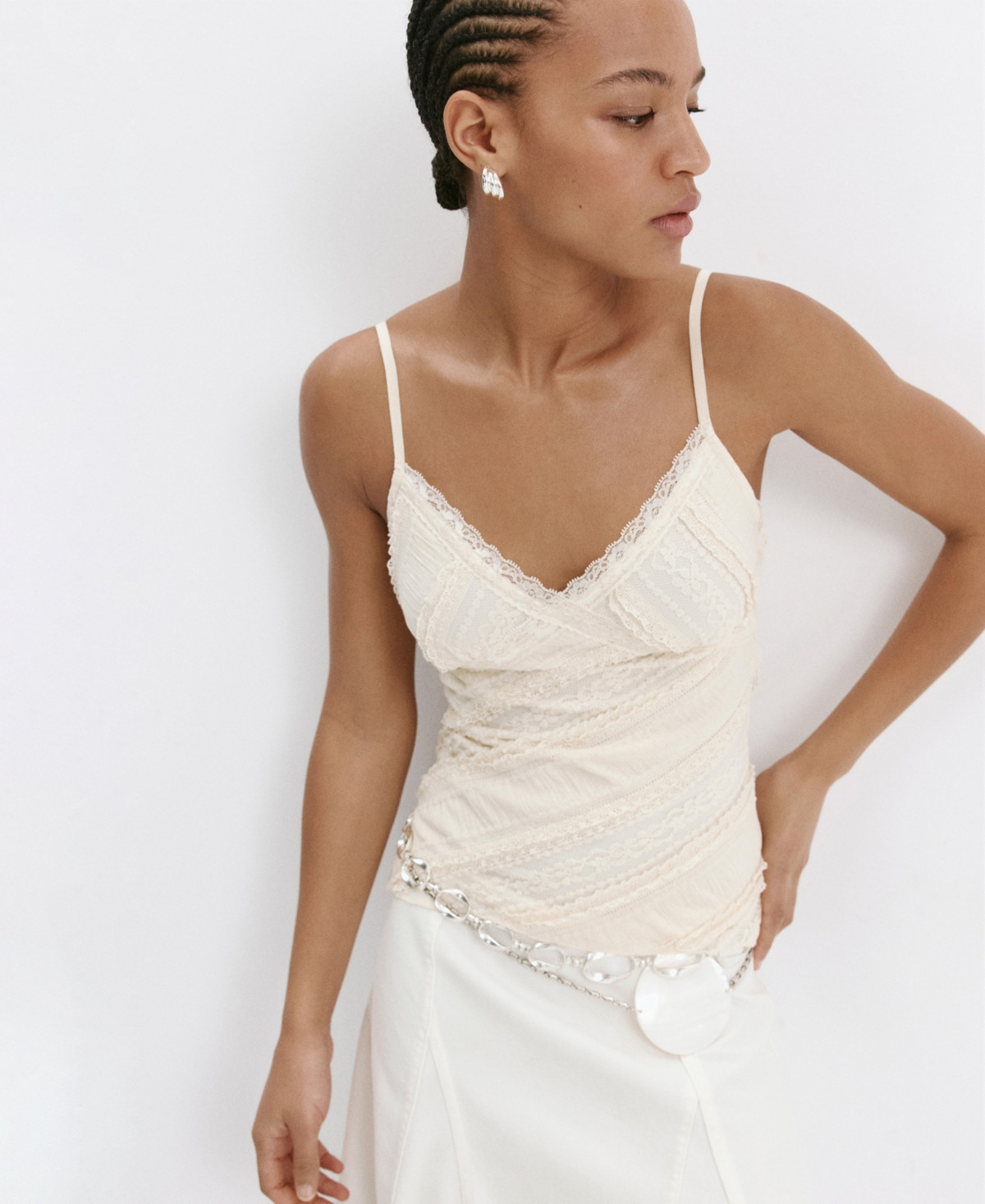 Mango Women's V-Neck Lace Top - Vanilla | Macy's