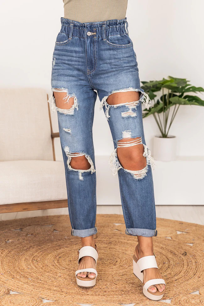 Kristen Medium Wash Paperbag Waist Distressed Mom Jeans | Pink Lily