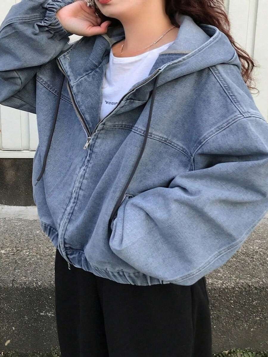 Dazy Plus Light Wash Blue Hooded Zip-Up Loose Lantern Sleeve Hem Drawstring Denim Jacket, Plus Si... | SHEIN