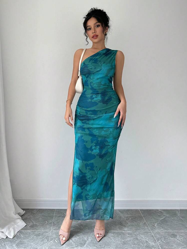 Selianne Vestido de noche de lujo para mujer, vestido sexy sin mangas con cuello asim\u00e9trico y estampado de te\u00f1ido anudado | SHEIN | SHEIN